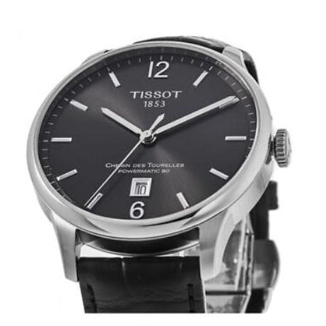 Tissot Chemin Des Tourelles automatic watch three-quarter view showing silver case and black dial