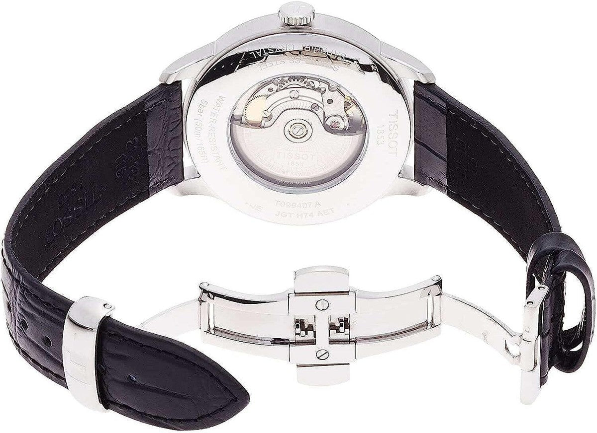 Tissot Chemin Des Tourelles caseback showing automatic movement and crocodile-textured black leather strap