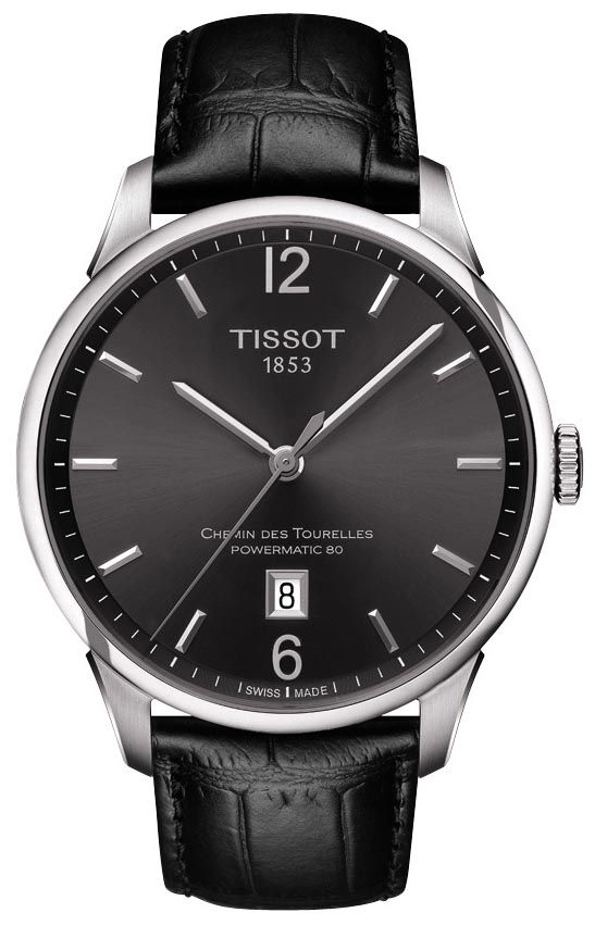 Tissot Chemin Des Tourelles automatic watch with silver case, black dial, and black leather strap