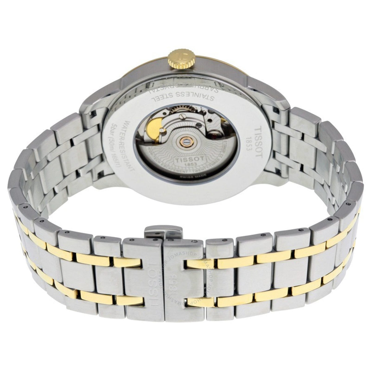 Tissot Chemin Des Tourelles caseback showing Powermatic 80 automatic movement and two-tone bracelet