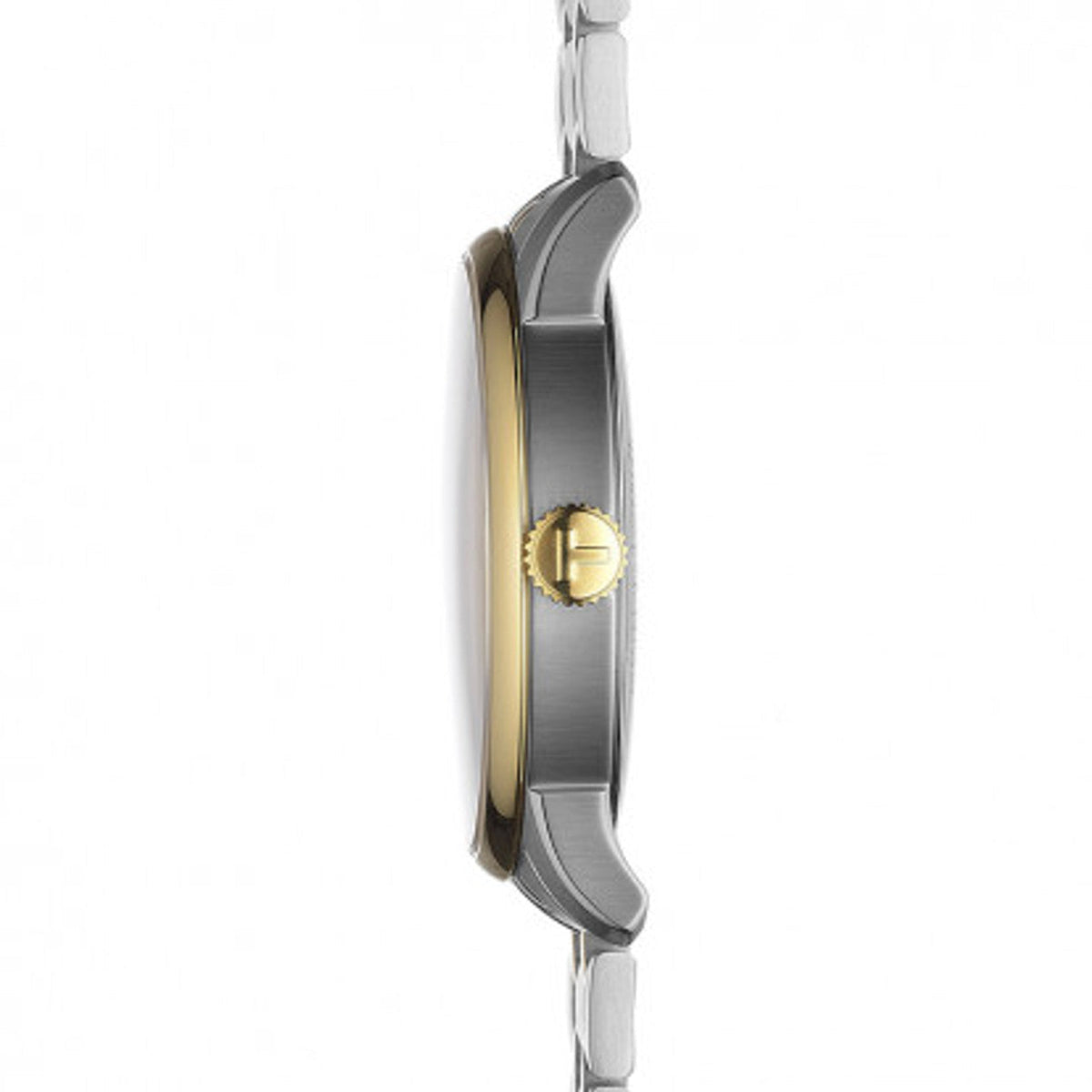 Side profile of Tissot two-tone watch showing thin case and crown placement