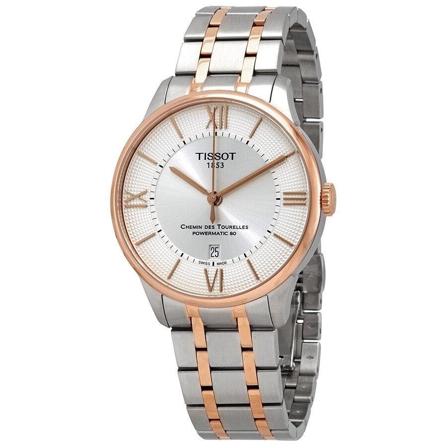 Tissot Chemin des Tourelles automatic watch with silver dial, two-tone stainless steel and rose gold case and bracelet