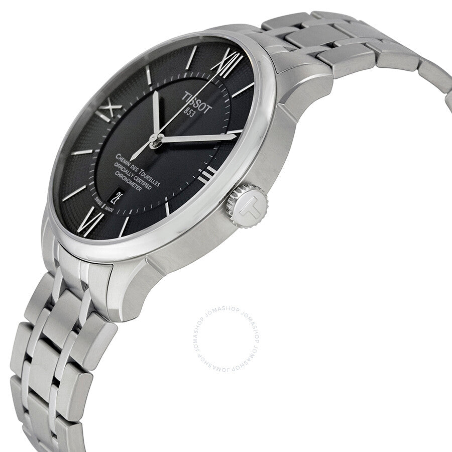 Tissot Chemin Des Tourelles watch angled view showing stainless steel three-link bracelet