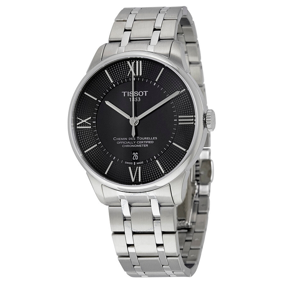 Tissot Chemin Des Tourelles automatic men's watch with black dial and stainless steel bracelet