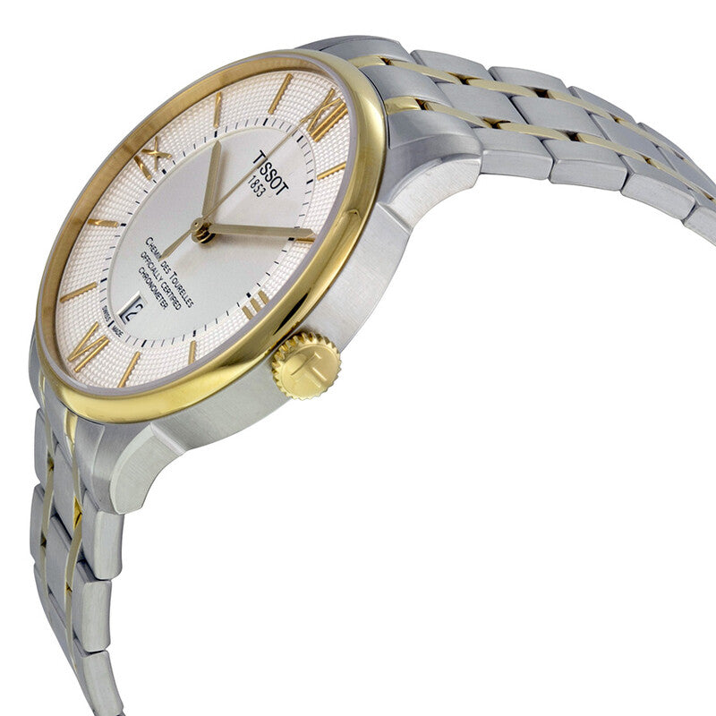 Tissot Chemin des Tourelles watch angled view showing two-tone case and bracelet with gold crown