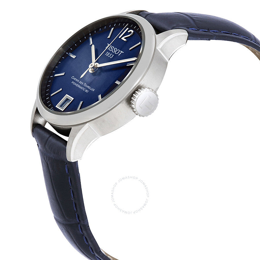 Angled side view of Tissot Chemin Des Tourelles watch showing case profile and crown