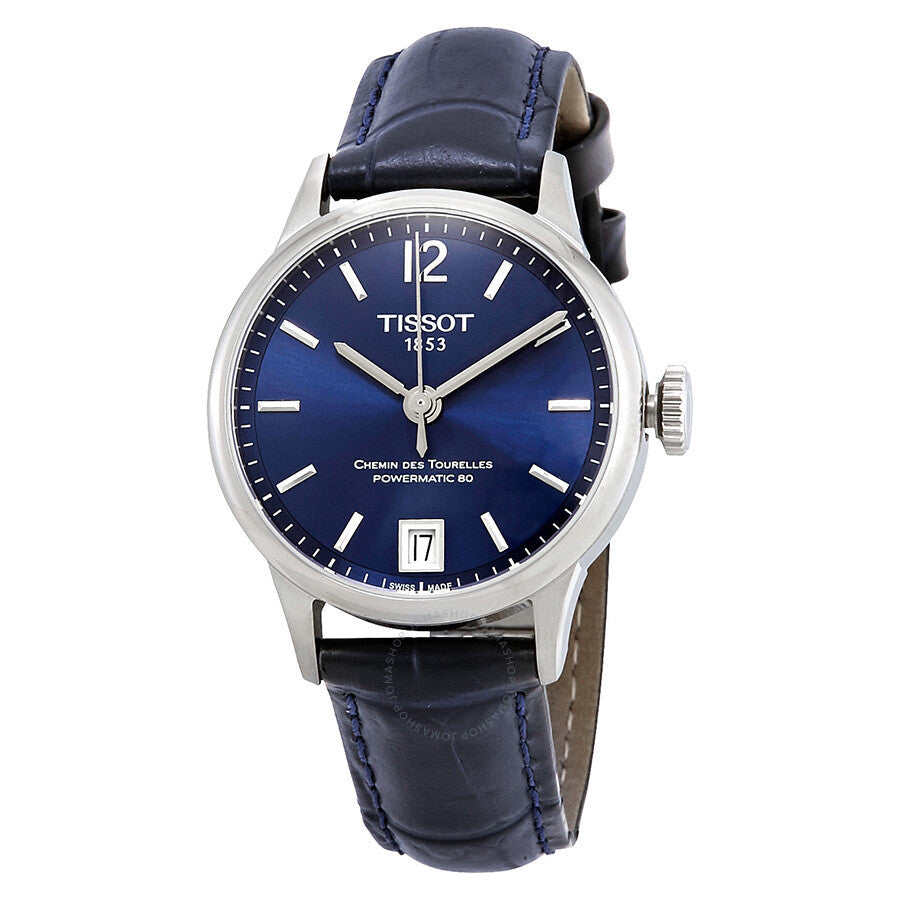 Tissot Chemin Des Tourelles automatic chronometer watch with blue dial and blue leather strap
