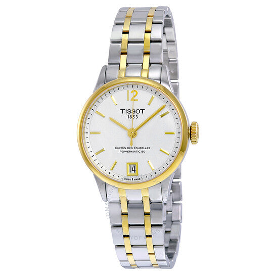 Tissot Chemin Des Tourelles women's automatic watch with two-tone bracelet and white dial at angle