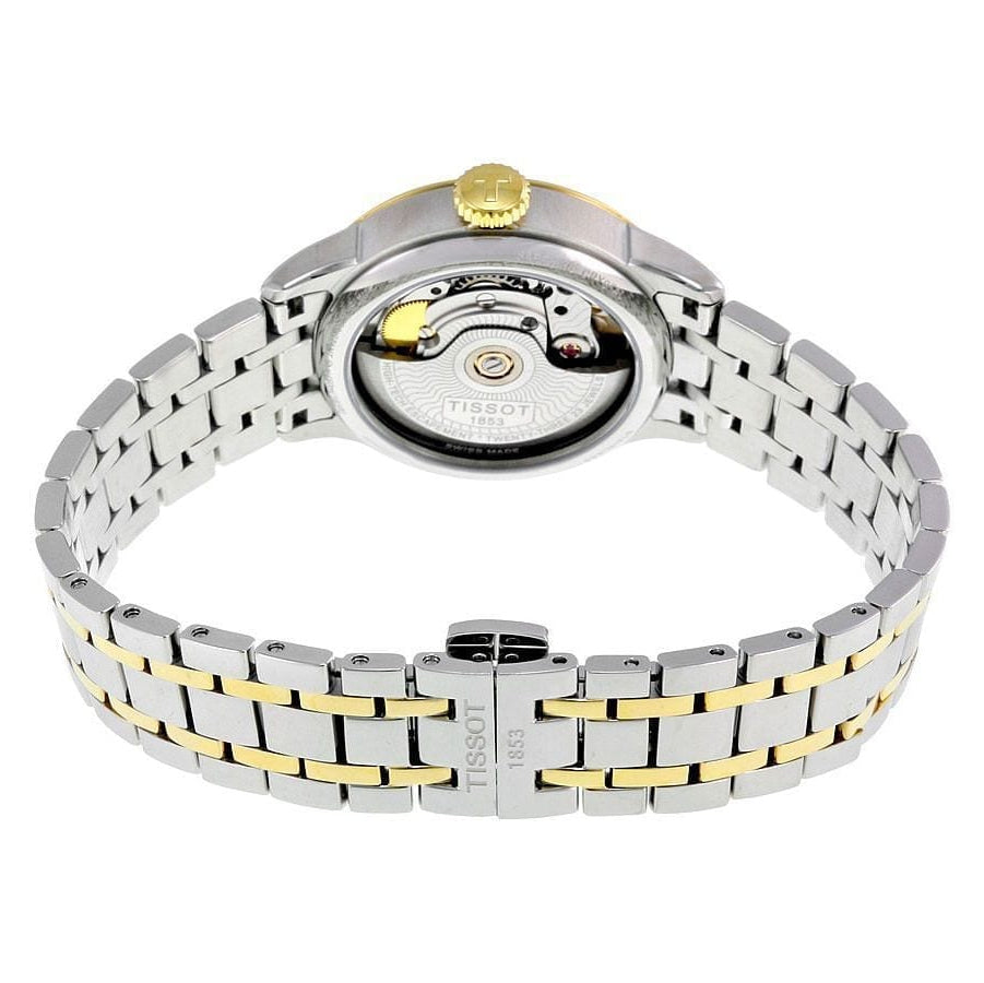 Tissot Chemin Des Tourelles women's watch caseback showing automatic movement and two-tone bracelet