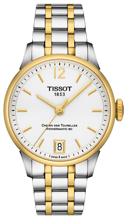 Tissot Chemin Des Tourelles women's watch with two-tone steel and gold case, white dial with gold indices