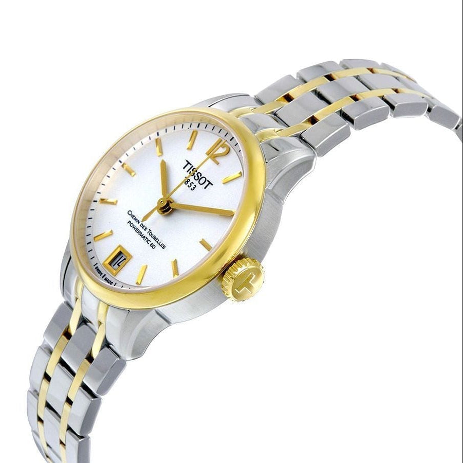 Tissot Chemin Des Tourelles women's automatic watch with two-tone steel and gold bracelet on wrist