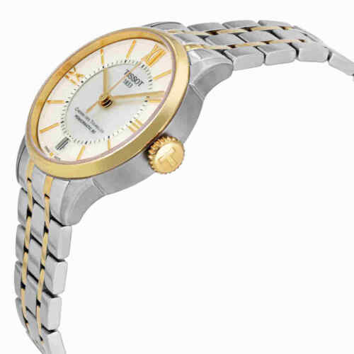 Tissot Chemin des Tourelles women's watch angled view showing two-tone bracelet and gold-toned case