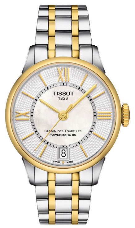 Tissot Chemin des Tourelles women's watch with two-tone steel and gold case, white dial, Roman numerals, and date window