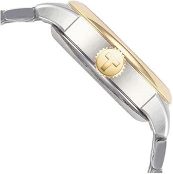 Tissot Chemin des Tourelles women's watch side view showing two-tone bracelet and gold crown