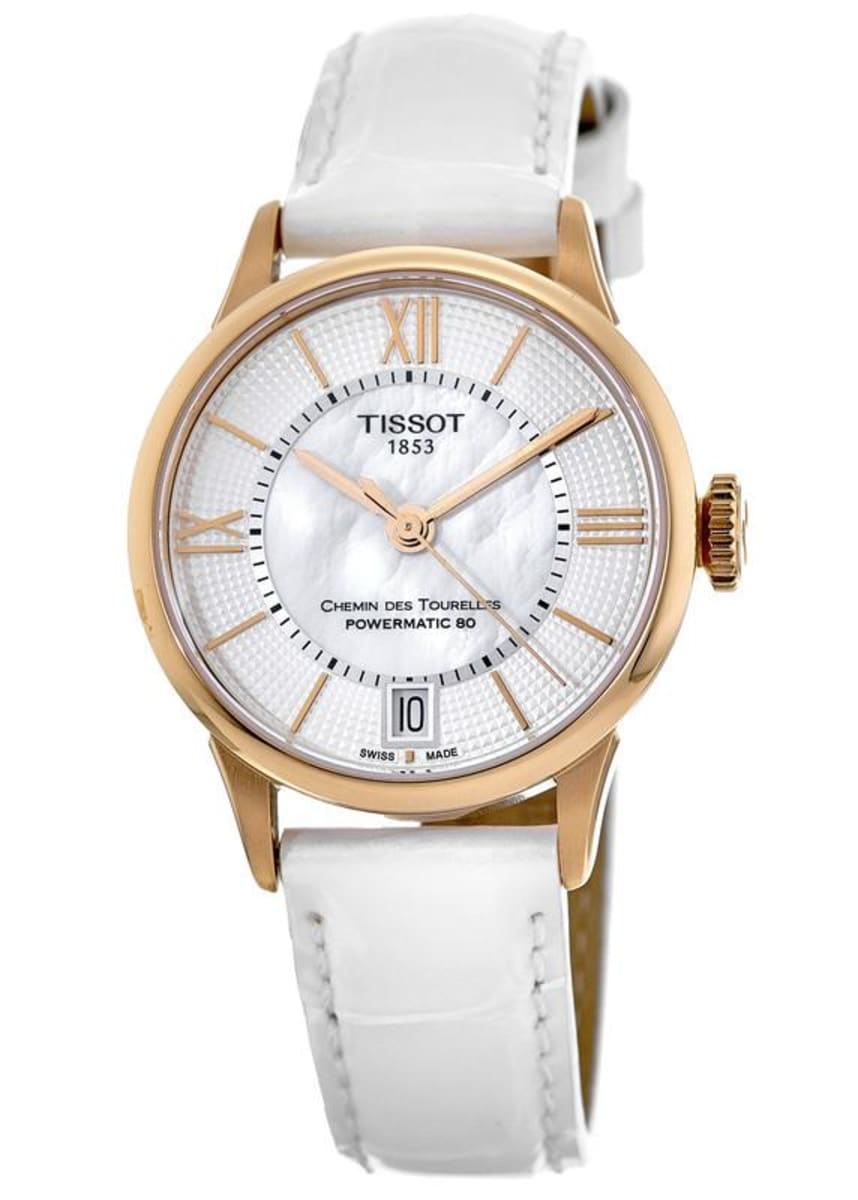 Tissot Chemin Des Tourelles rose gold watch with white leather strap, 32mm case shown at angle