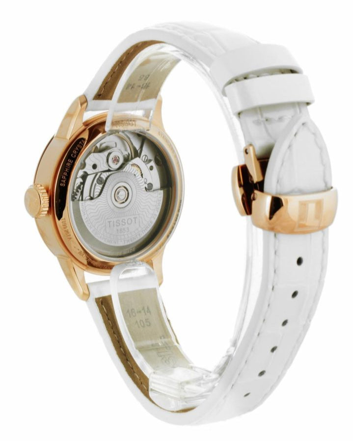 Caseback view of Tissot Chemin Des Tourelles showing Powermatic 80 automatic movement through sapphire crystal
