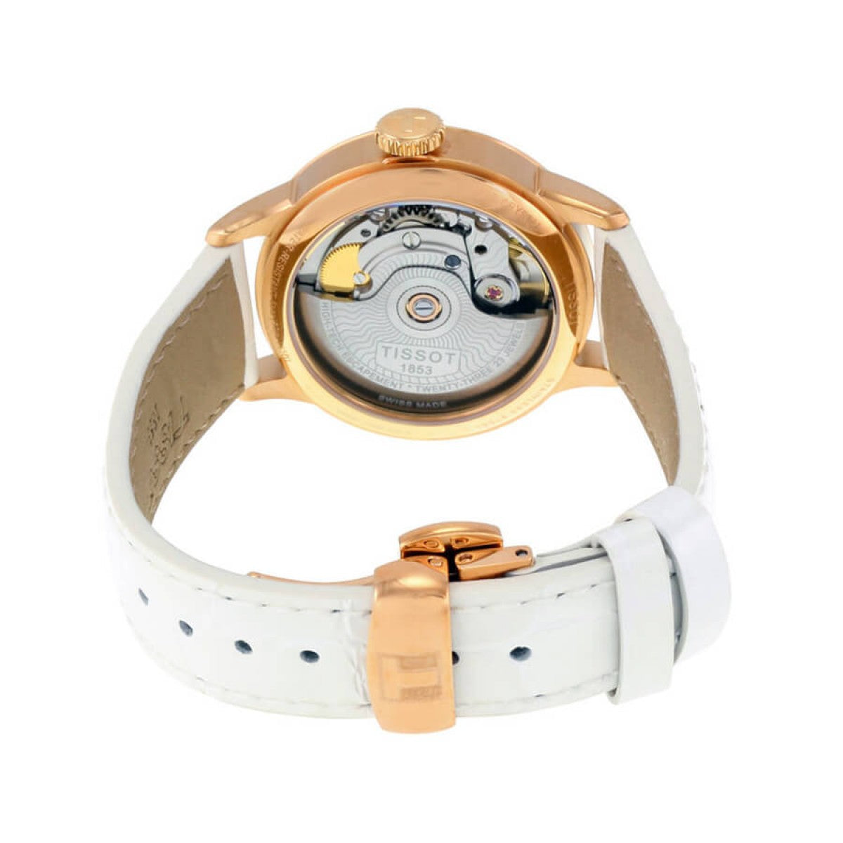 Tissot Chemin Des Tourelles automatic movement visible through exhibition caseback, rose gold case