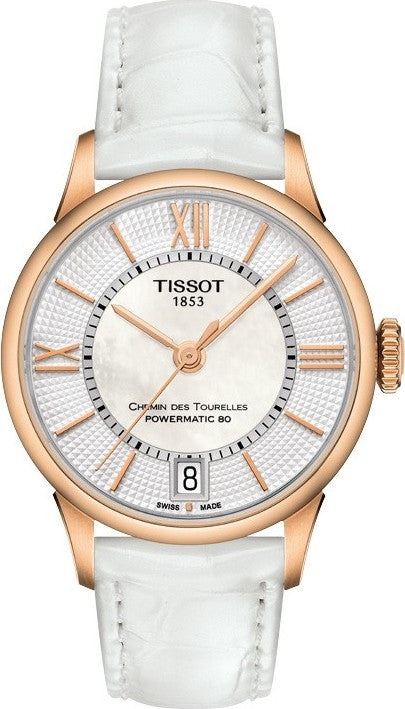Tissot Chemin Des Tourelles Powermatic 80 women's watch with rose gold case and white leather strap