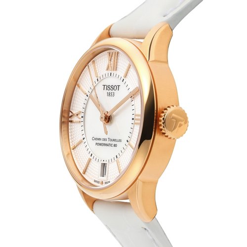 Side profile of Tissot Chemin Des Tourelles rose gold case with white leather strap