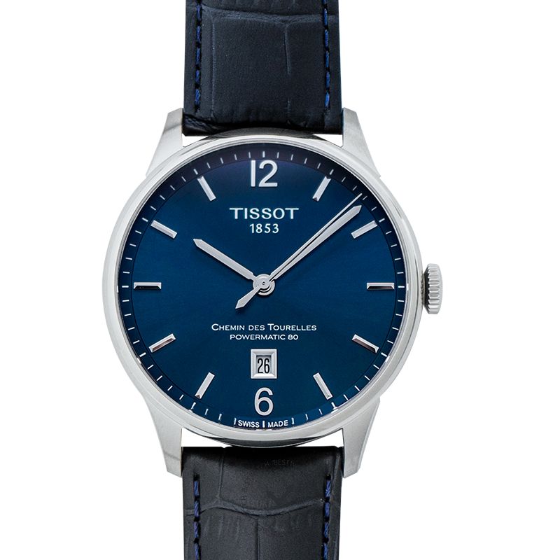 Tissot Chemin Des Tourelles blue dial men's watch with date window and Powermatic 80 automatic movement