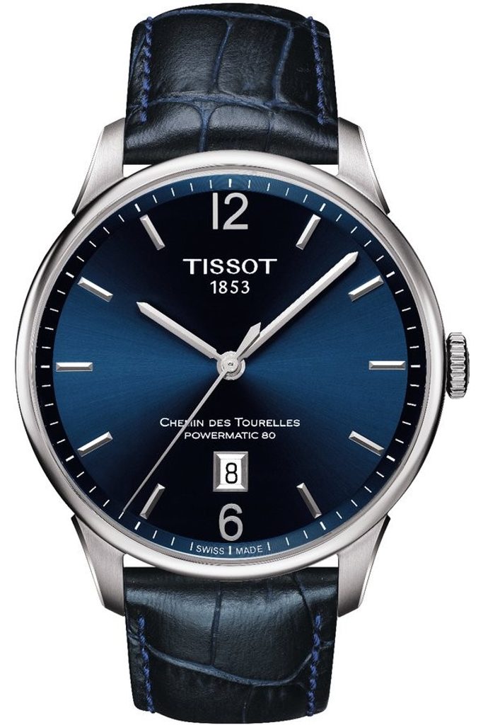 Tissot Chemin Des Tourelles Powermatic 80 blue dial watch with stainless steel case and dark blue leather strap