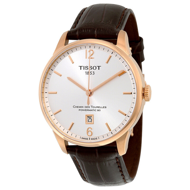 Tissot Chemin des Tourelles rose gold automatic watch with white dial and brown leather strap
