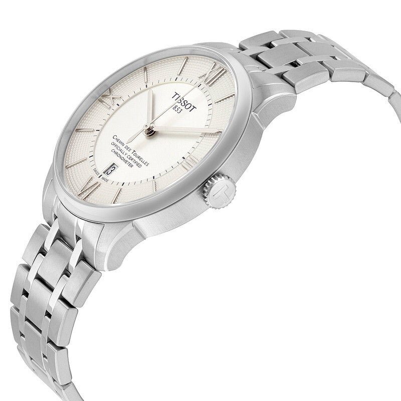 Tissot Chemin Des Tourelles watch showing side profile and case thickness with bracelet