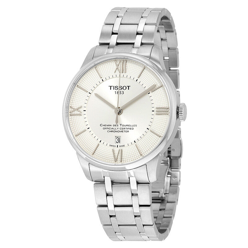 Tissot Chemin Des Tourelles men's watch with silver dial and stainless steel bracelet