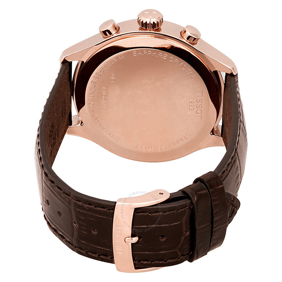 Caseback of Tissot Chrono Classic XL with rose gold case and brown leather strap