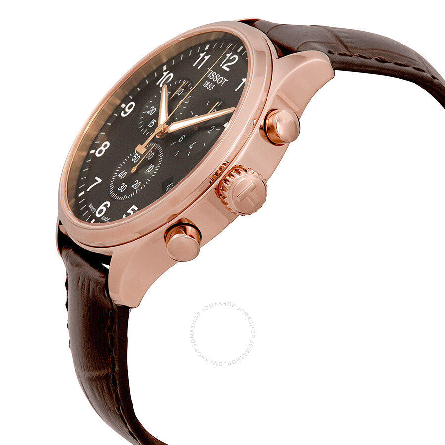 Side view of Tissot Chrono Classic XL with rose gold case and brown leather strap