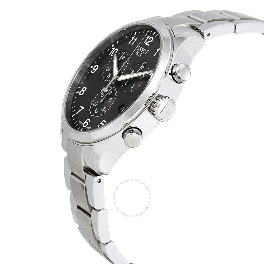 Tissot Chrono XL Classic watch shown at side angle with stainless steel case and crown