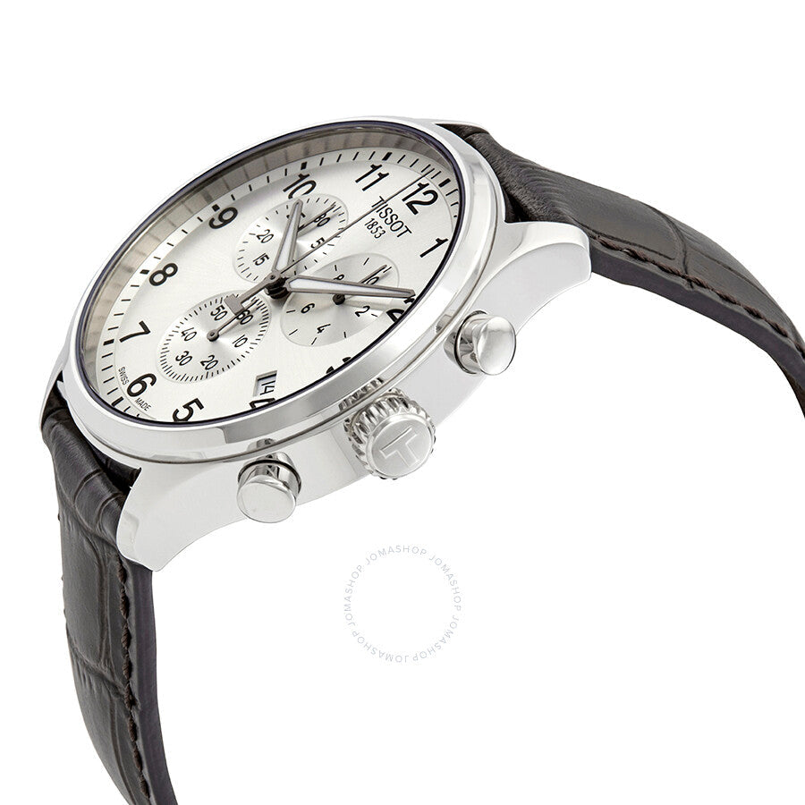 Tissot Chrono XL Classic watch angled view showing silver dial, chronograph subdials, and pushers