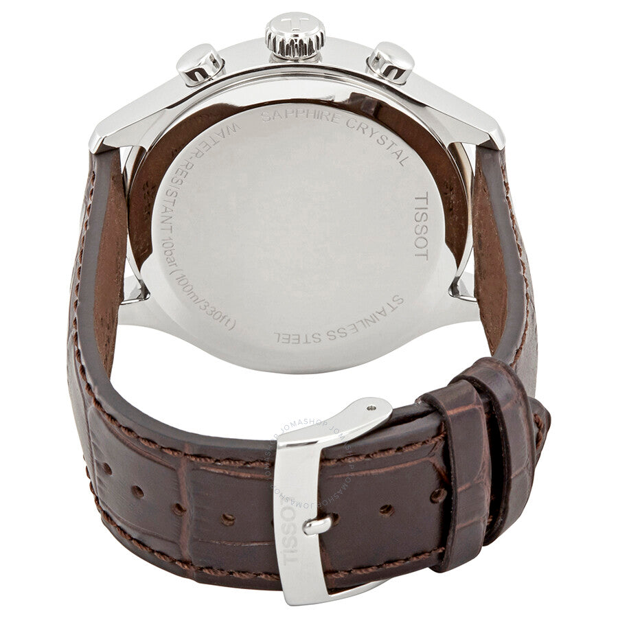 Tissot Chrono XL Classic watch caseback showing stainless steel case with engraved text and brown leather strap