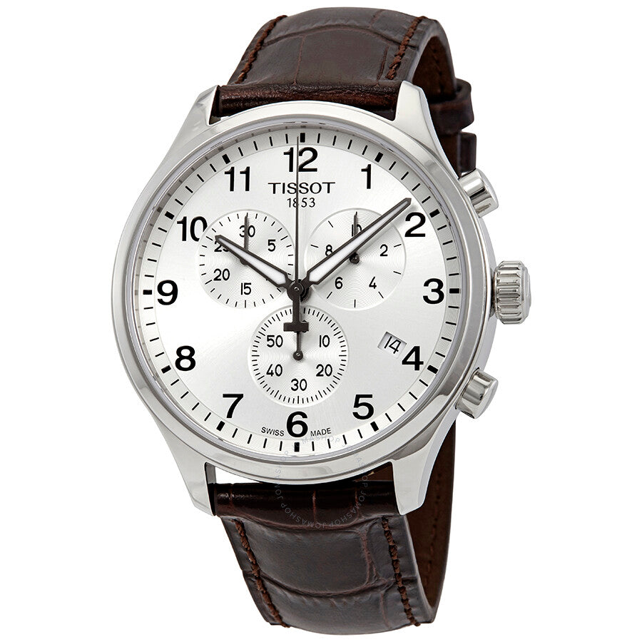 Tissot Chrono XL Classic chronograph watch with silver dial, stainless steel case, brown leather strap