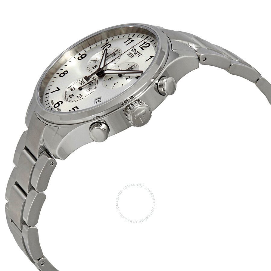 Tissot Chrono XL watch side view showing stainless steel case and link bracelet