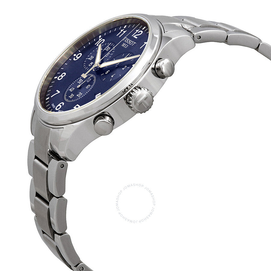 Tissot Chrono XL Classic side view showing stainless steel band and blue dial