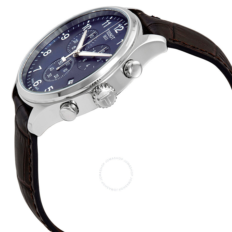 Tissot Chrono XL side view showing silver stainless steel case and chronograph pushers