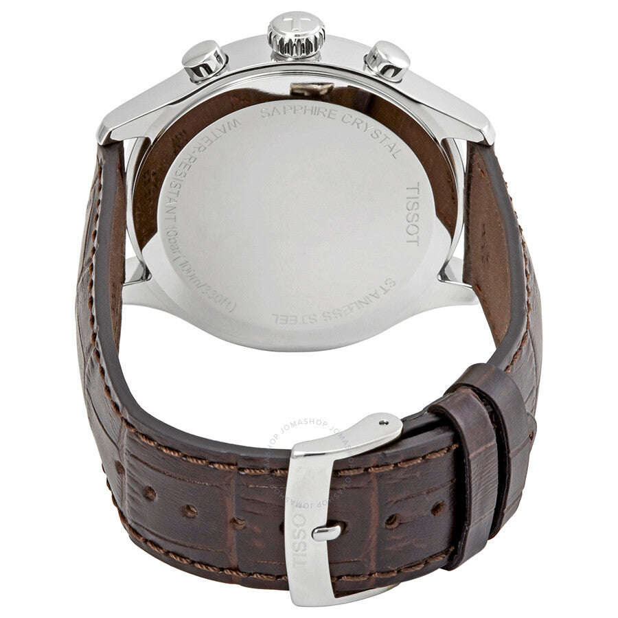 Tissot Chrono XL caseback showing stainless steel back with engraved text and brown leather strap