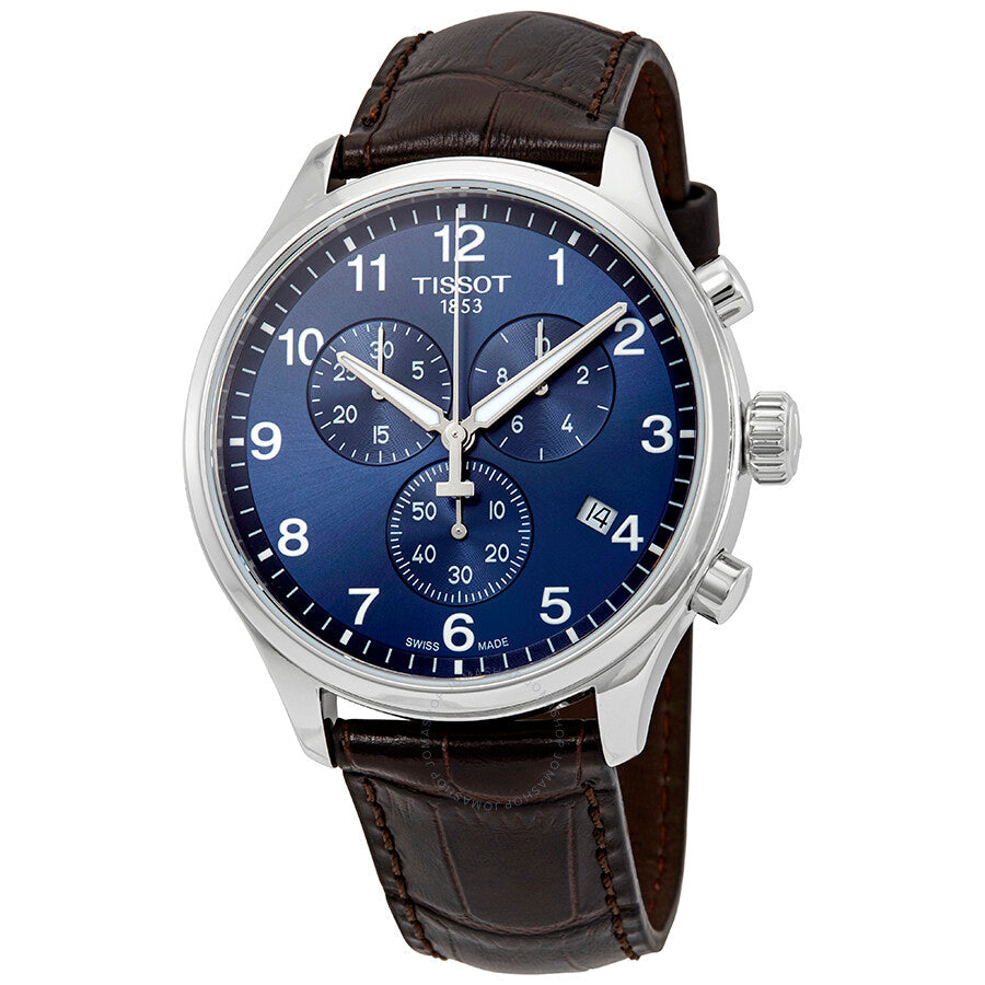 Tissot Chrono XL chronograph watch with blue dial, silver case, brown leather strap