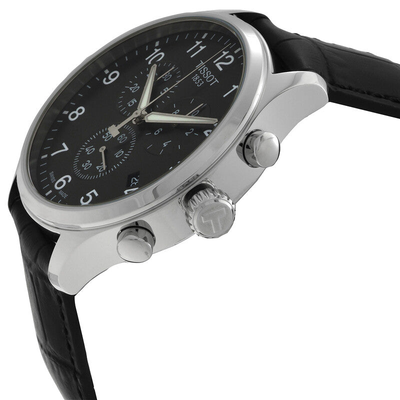 Tissot Chrono XL Classic watch at angle showing steel case, chronograph subdials, and leather strap