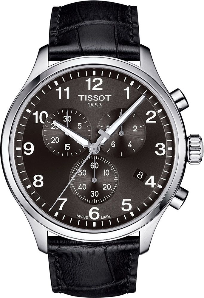 Tissot Chrono XL Classic chronograph watch with black dial, steel case, and black leather strap