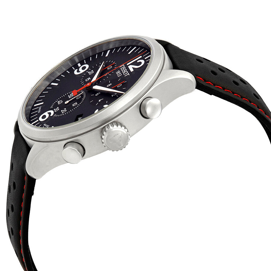 Tissot Chrono XL watch shown at angle displaying stainless steel case, chronograph subdials, and perforated black leather strap