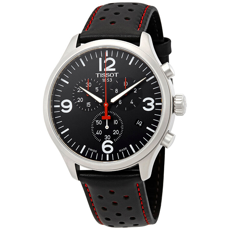 Tissot Chrono XL chronograph watch with black dial, red chronograph hands, and black leather strap with red stitching