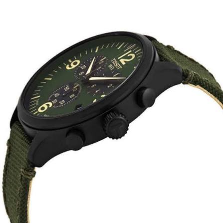 Side angle view of Tissot Chrono XL with green dial and black case