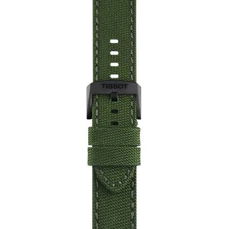 Close-up of Tissot Chrono XL green fabric strap with black buckle and white stitching