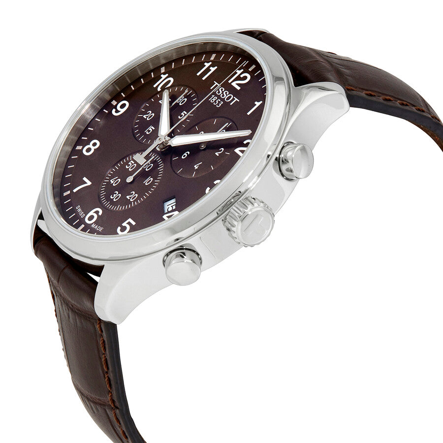 Tissot Chrono XL watch shown at angle with brown leather strap and stainless steel case