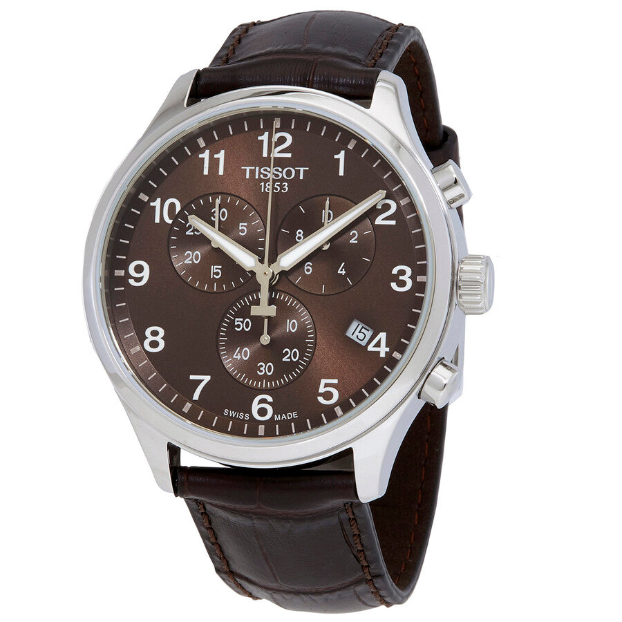 Tissot Chrono XL chronograph watch with brown dial, stainless steel case, and chronograph subdials