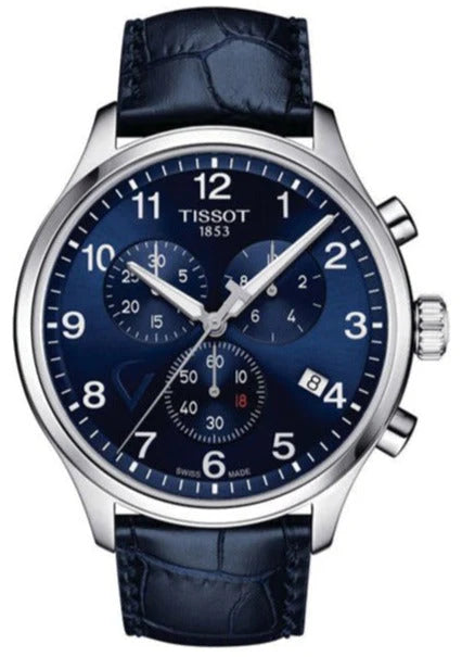 TISSOT Chrono XL Virat Kohli Special Edition watch with blue chronograph dial and black leather strap