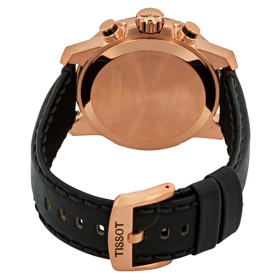 Tissot chronograph watch caseback showing rose gold case with black leather strap and buckle