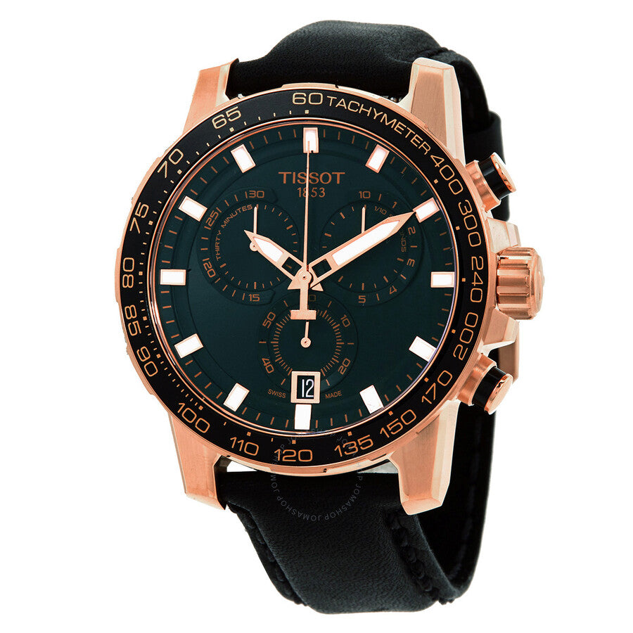 Tissot chronograph quartz watch with black dial, rose gold case, and black leather strap